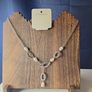 Emberly Silvertone Necklace 35" Chain Faux Pearls New